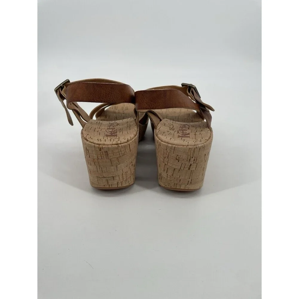 Korks Denica Crisscross Tan Faux Leather Cork Platform Wedge Boho Sandals 9M